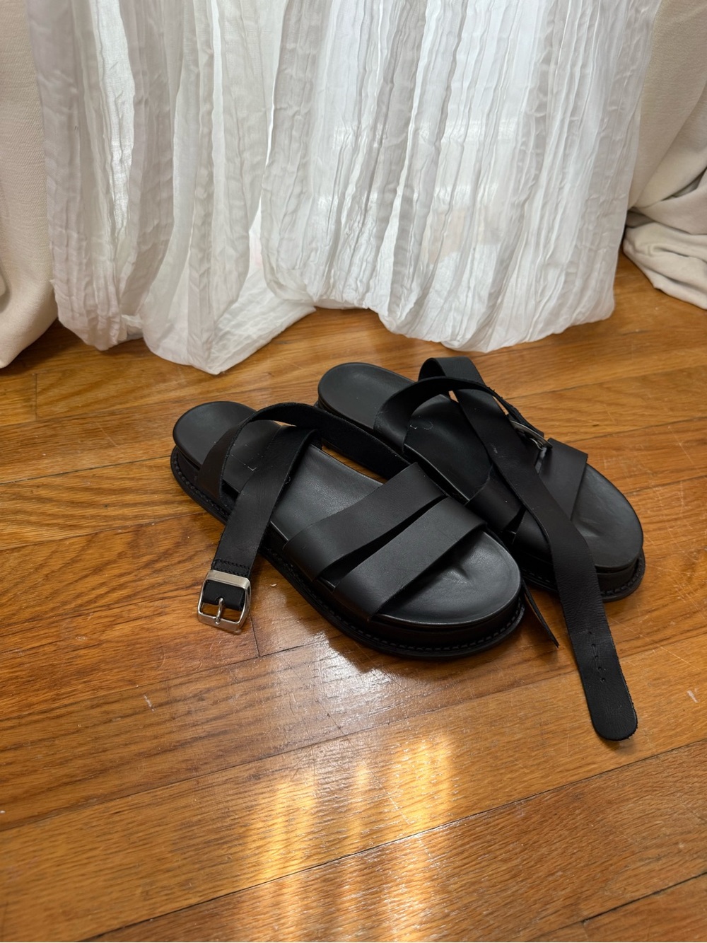 Women's Black Leather Slide Sandals with Adjustable Strap